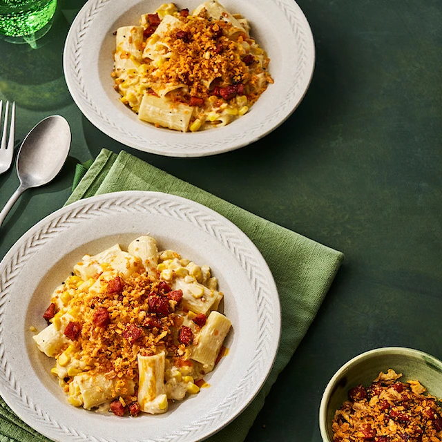 Creamed Sweetcorn Rigatoni with Crispy Chorizo Crumbs