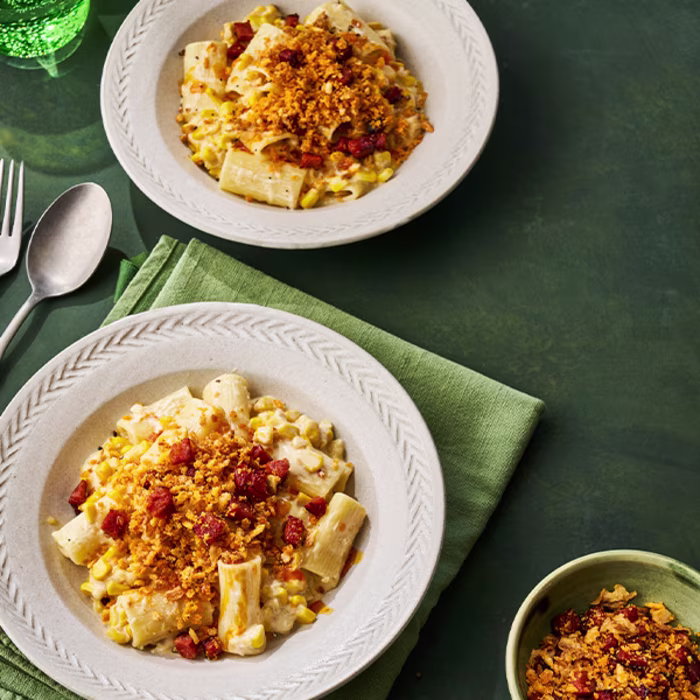 Creamed Sweetcorn Rigatoni with Crispy Chorizo Crumbs