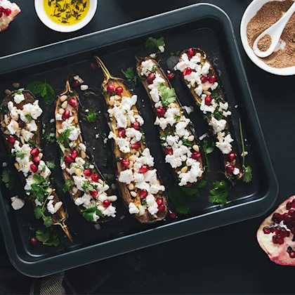 Baked Aubergine With Feta And Pomegranate