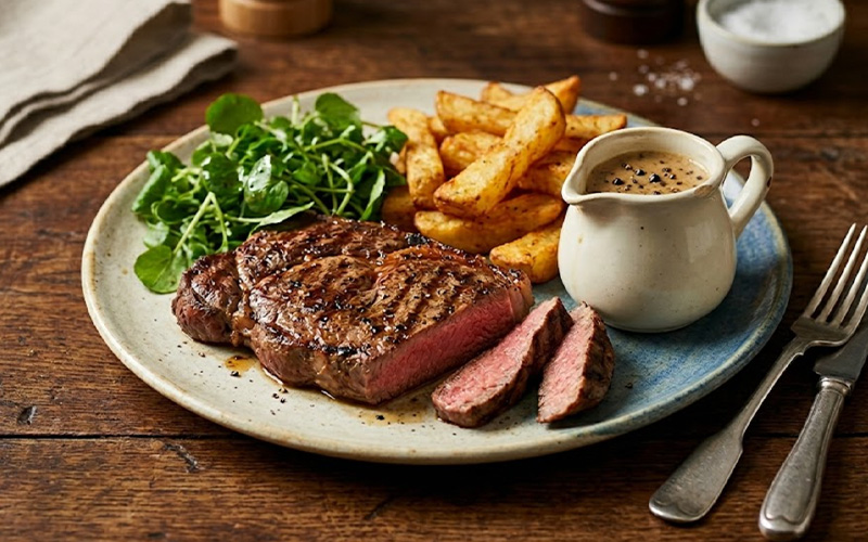 Juicy sirloin steak with creamy peppercorn sauce, air fryer chunky chips, and fresh watercress salad.