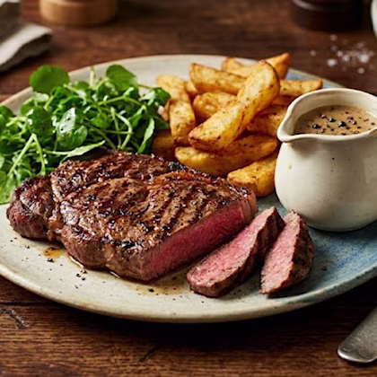 Juicy sirloin steak with creamy peppercorn sauce, air fryer chunky chips, and fresh watercress salad.