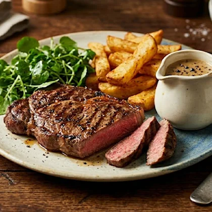 Juicy sirloin steak with creamy peppercorn sauce, air fryer chunky chips, and fresh watercress salad.