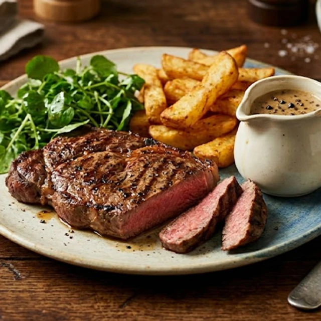Juicy sirloin steak with creamy peppercorn sauce, air fryer chunky chips, and fresh watercress salad.