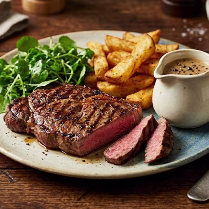 Juicy sirloin steak with creamy peppercorn sauce, air fryer chunky chips, and fresh watercress salad.