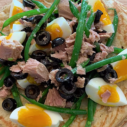 Giant Buckwheat Blini Topped with Tuna Nicoise