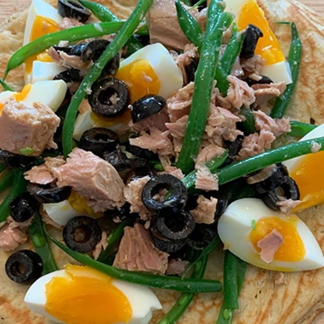 Giant Buckwheat Blini Topped with Tuna Nicoise