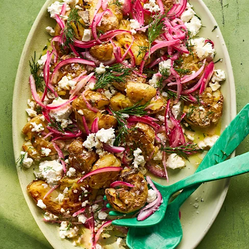 Smashed Potato Dill, Feta and Pickled Red Onion Salad