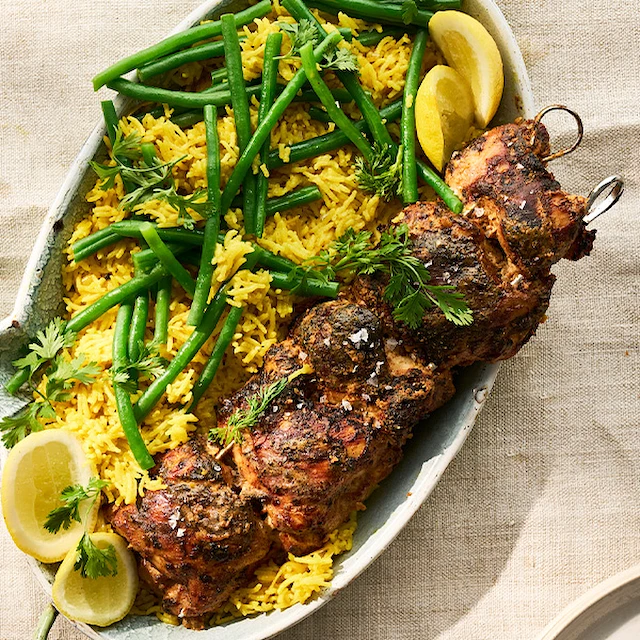 Tandoori Chicken King Kebab with Saffron and Green Bean Biryani