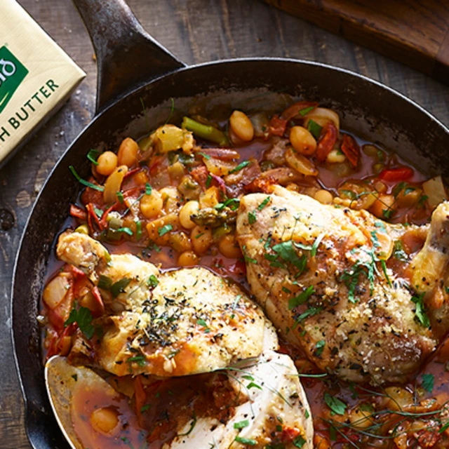 One Pan Roasted Chicken, with Sun Dried Tomato Stuffing and Butterbean Casserole