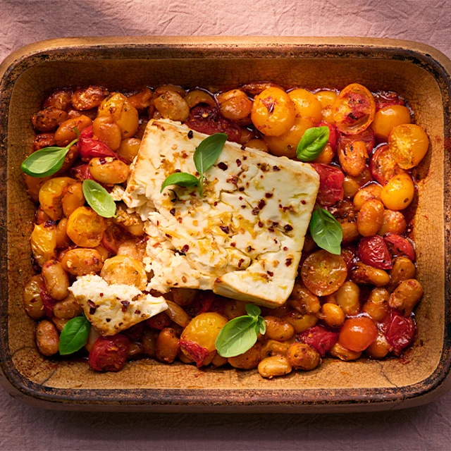 One-Pan Baked Feta with Summer Tomatoes, Oregano & Butter Beans