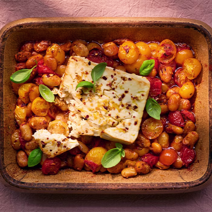 One-Pan Baked Feta with Summer Tomatoes, Oregano & Butter Beans