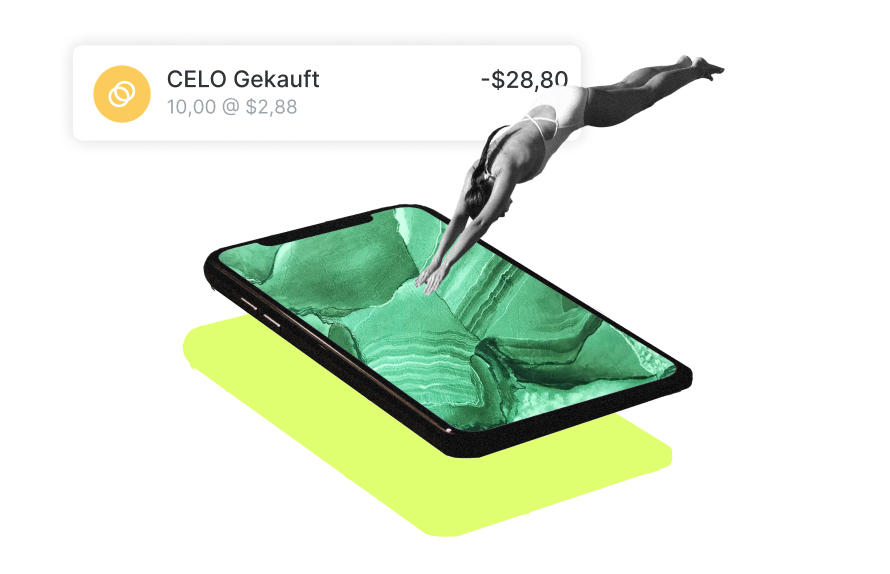 Bild eines Tauchers, der in ein Telefon mit grünem Bildschirm eintaucht 