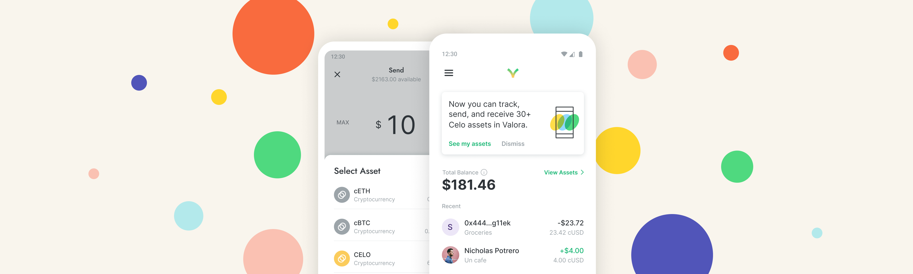 30+ tokens available on Valora with image of phone in the asset screen