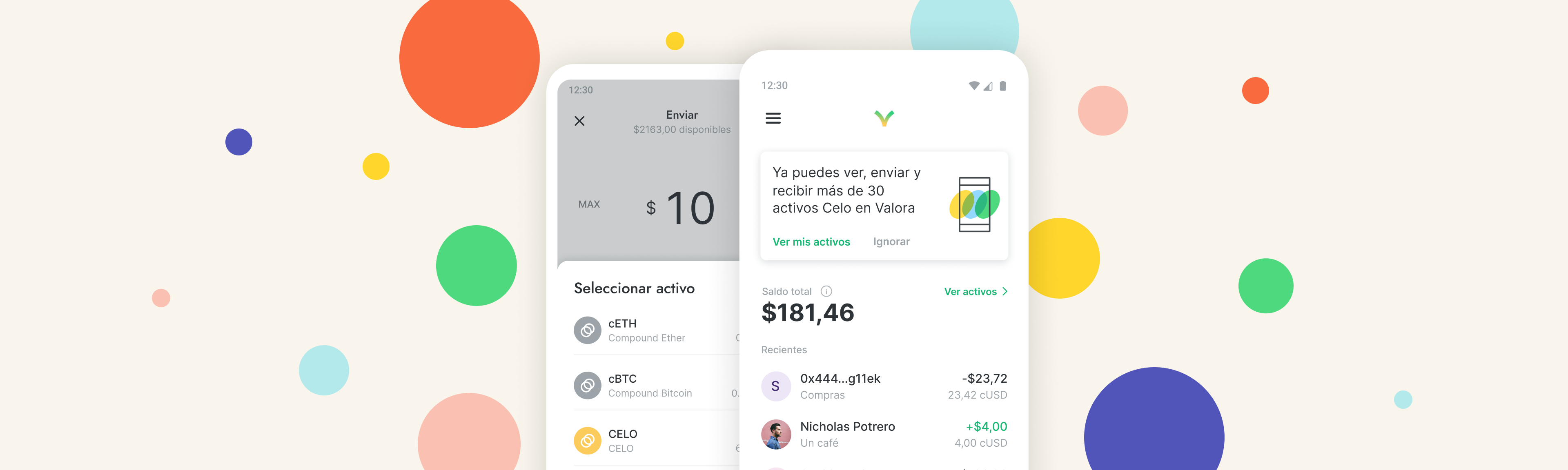 Imagen de los 30 tokens disponibles en Valora y de la pantalla de activos