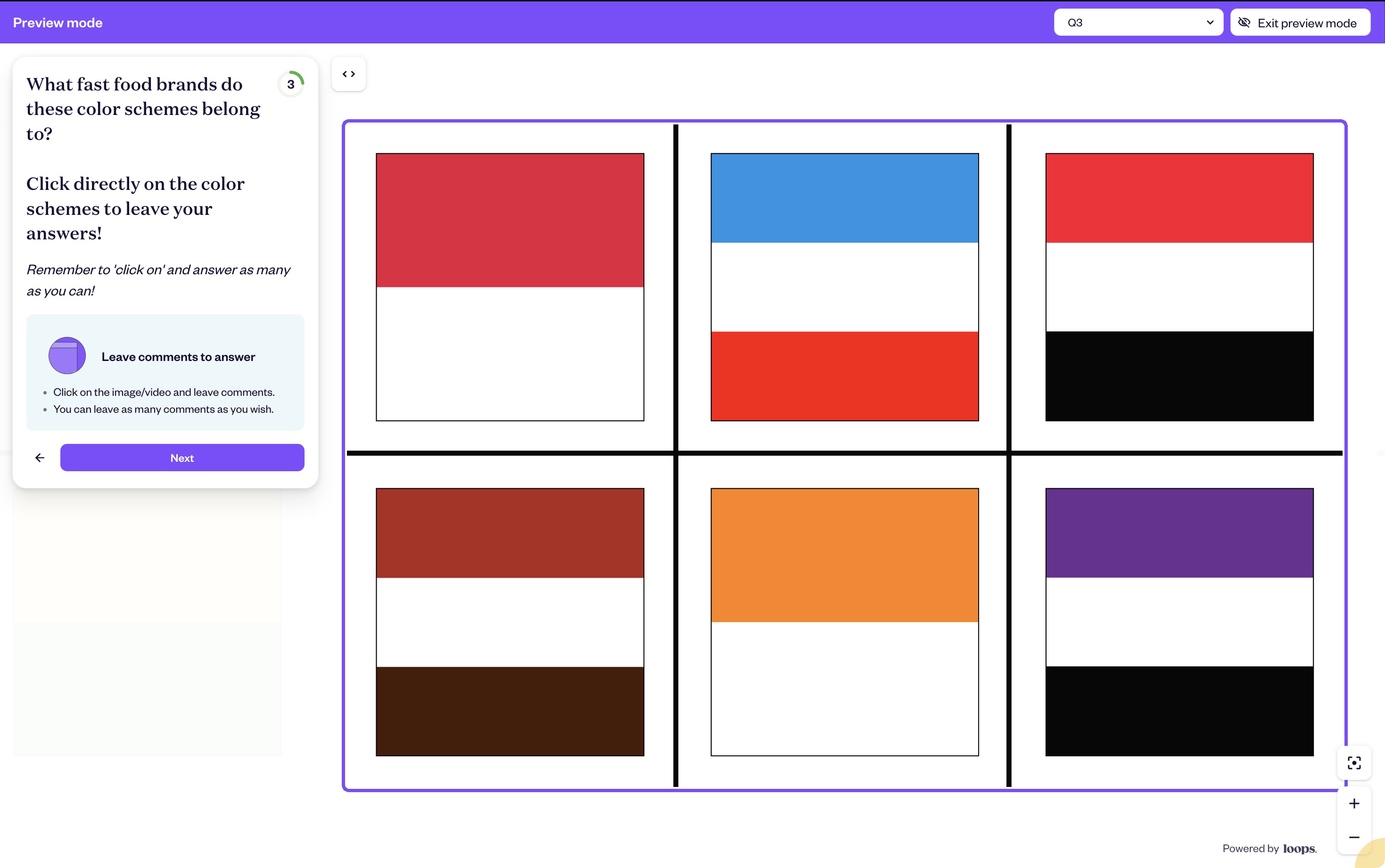 Six fast food brand color combinations displayed as horizontal color blocks for recognition testing: red/white, blue/white/red, red/white/black, brown/beige/brown, orange/white, and purple/white/black