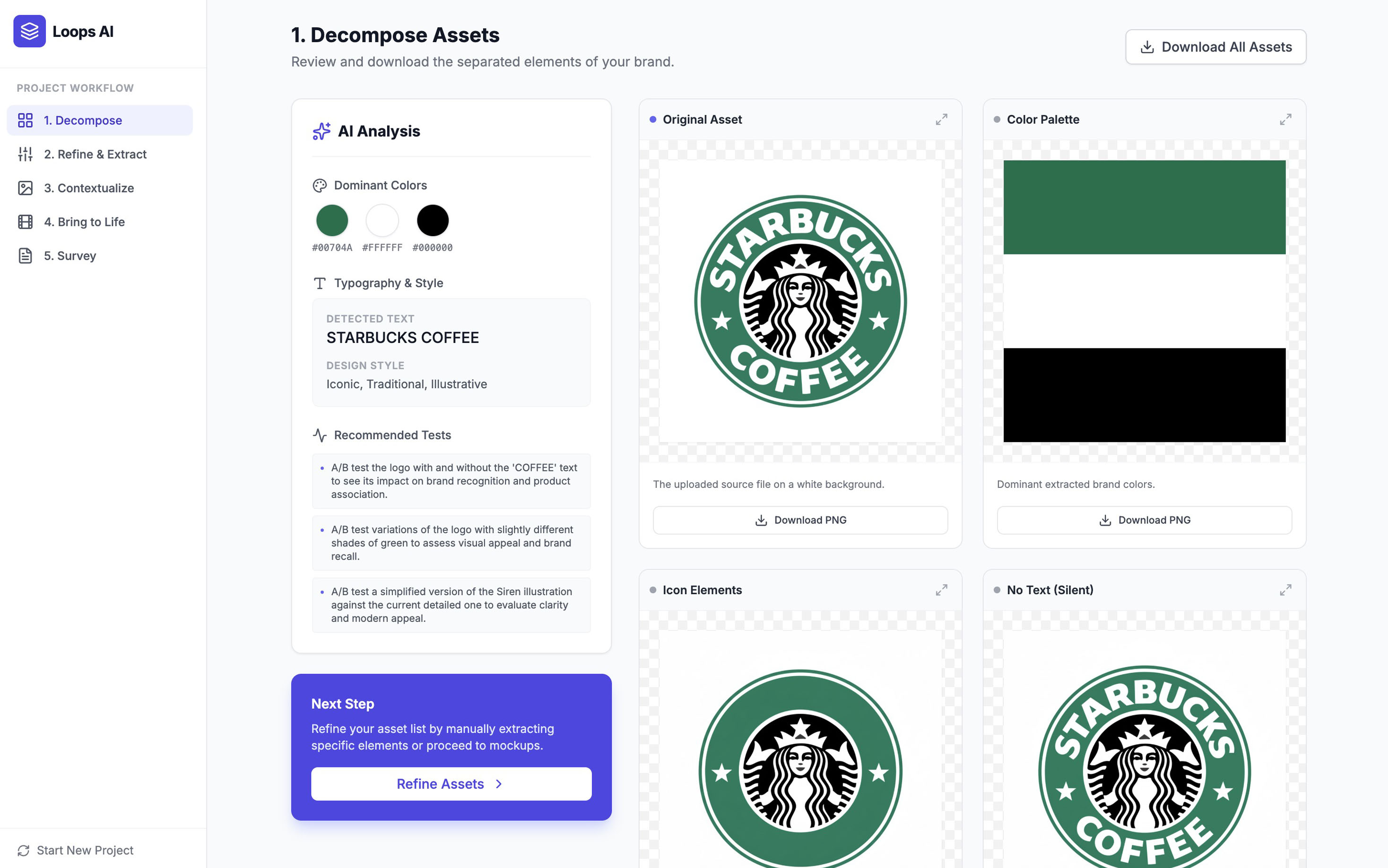 Starbucks logo decomposition showing original asset, color palette, icon elements, and no-text version