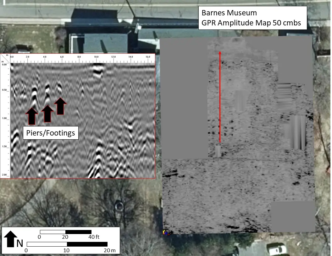 GPR amplitude map of Barnes Museum property at approximately 50 cm below the surface displaying 15 piers/footings