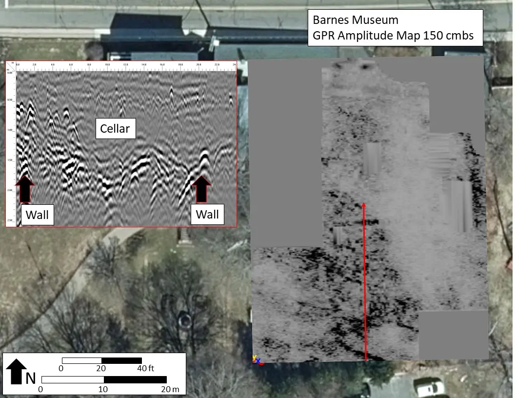 GPR amplitude map at approximately 150 cm below surface displaying the foundation remnants for the large, likely industrial structure on the museum property.