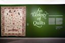 A decorative quilt with a tree and floral pattern hangs on a green wall next to large text reading "An Ecology of Quilts: The Natural History of American Textiles" in a museum exhibit display.