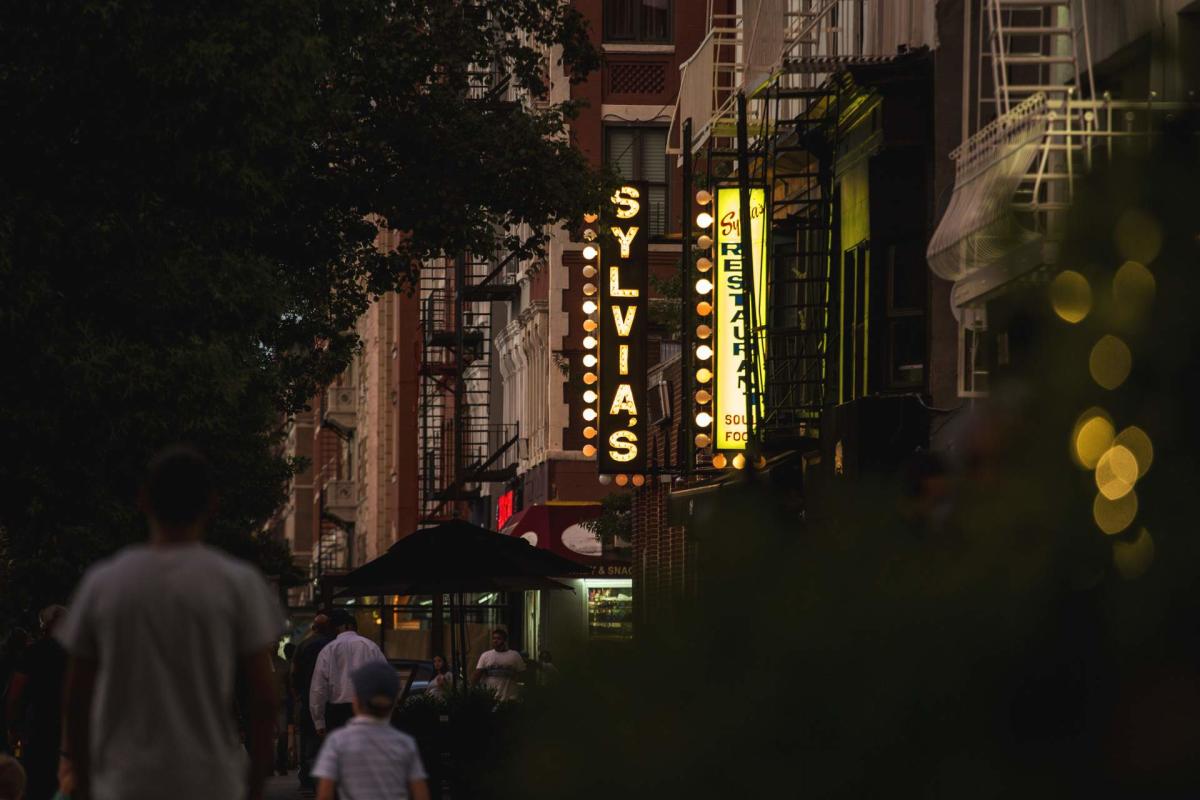 Sylvias outdoor sign in Harlem, NYC