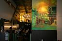 A warmly lit restaurant interior with diners seated at tables, a bartender behind the bar, and a large, colorful mural of an urban street scene on the right wall.