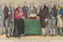 Historical illustration depicting a group of men in 18th-century attire gathered around a table with a green cloth. One man places his hand on a book, signifying a formal event. The caption reads "The Inauguration of Washington.