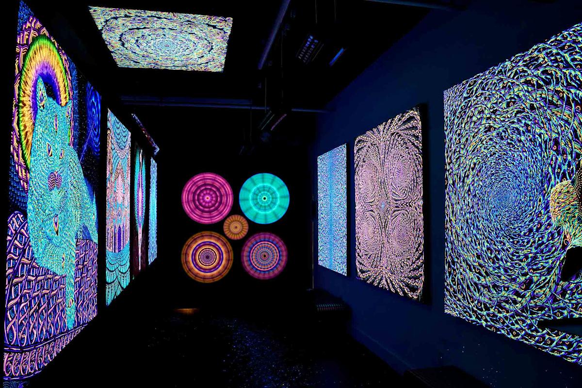 A dark gallery room displays colorful, intricate digital art with swirling, fractal-like patterns on the walls and ceiling. Four bright circular patterns in pink, orange, and blue are illuminated on the far wall.