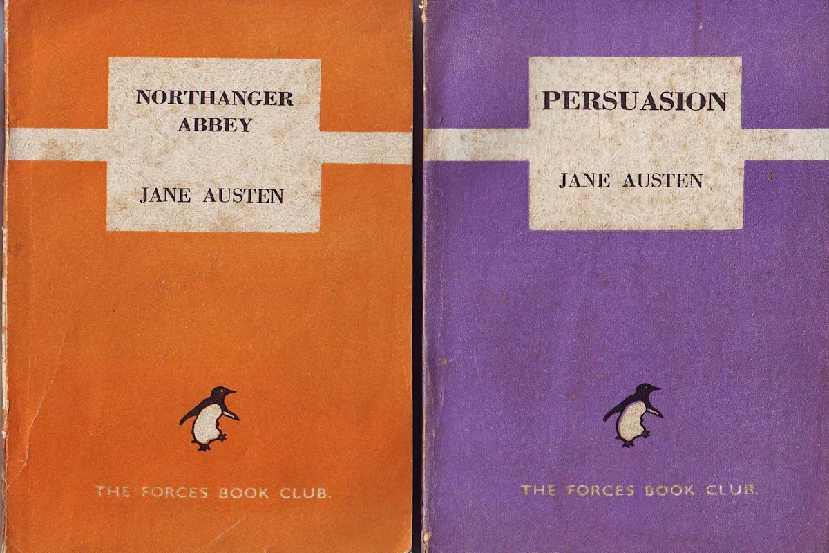 Two vintage Penguin book covers: "Northanger Abbey" in orange and "Persuasion" in purple, both by Jane Austen, featuring the Penguin logo and "The Forces Book Club" text at the bottom.