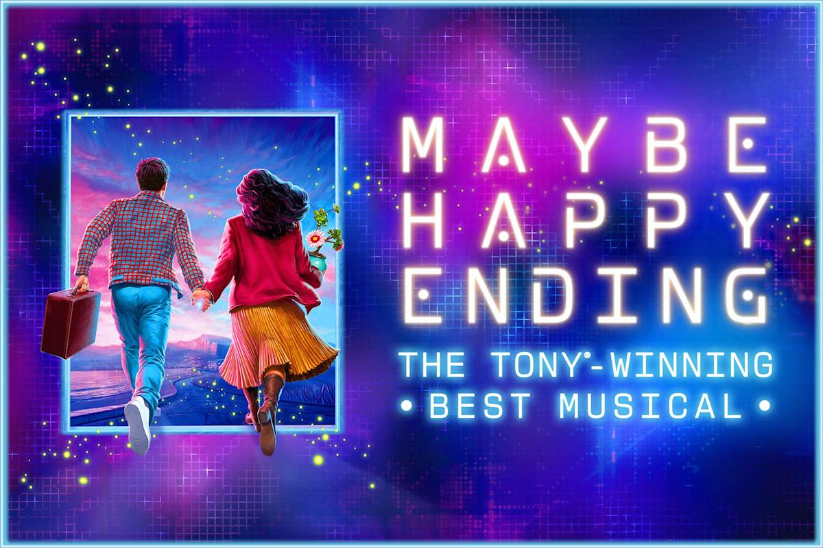 A man and woman holding hands run toward colorful lights, with the words "Maybe Happy Ending: The Tony-Winning Best Musical" in glowing text on a vibrant purple-blue digital background.