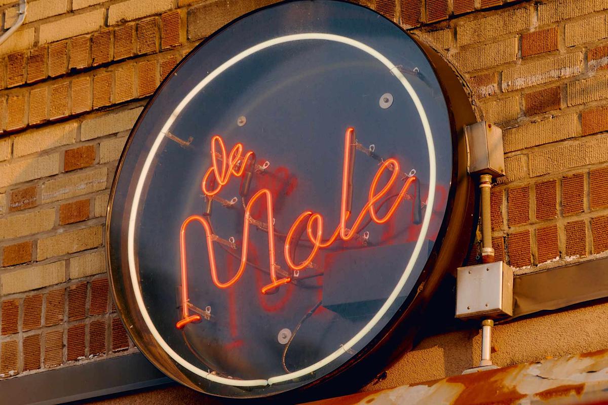 A round neon sign with the words "de Male" in orange script, mounted on a brick wall. The sign is outlined by a white neon ring and is partially illuminated by sunlight.