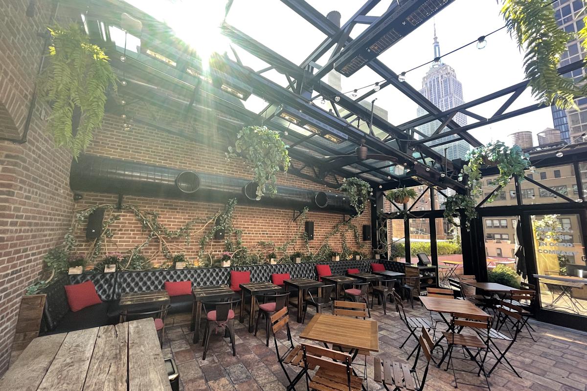 Interior of Refinery Rooftop with view of Empire State Building in Manhattan, NYC