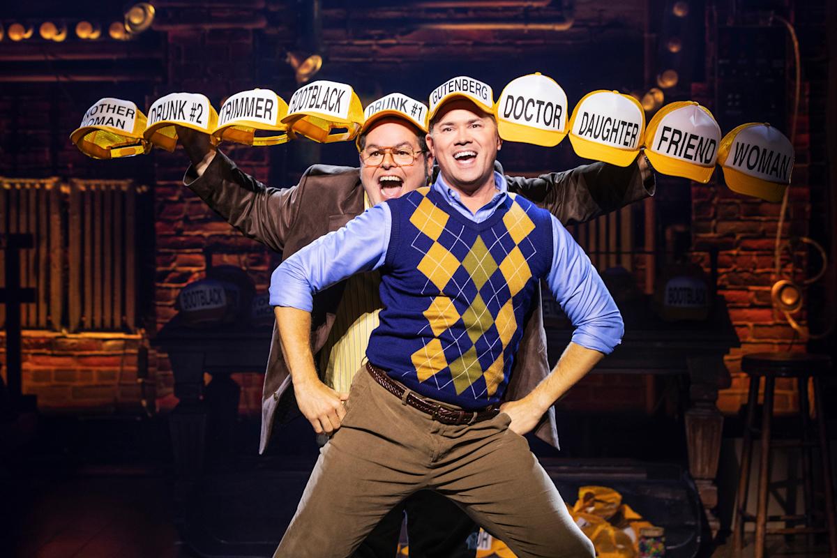 Actors on stage for Gutenberg! The Musical! 