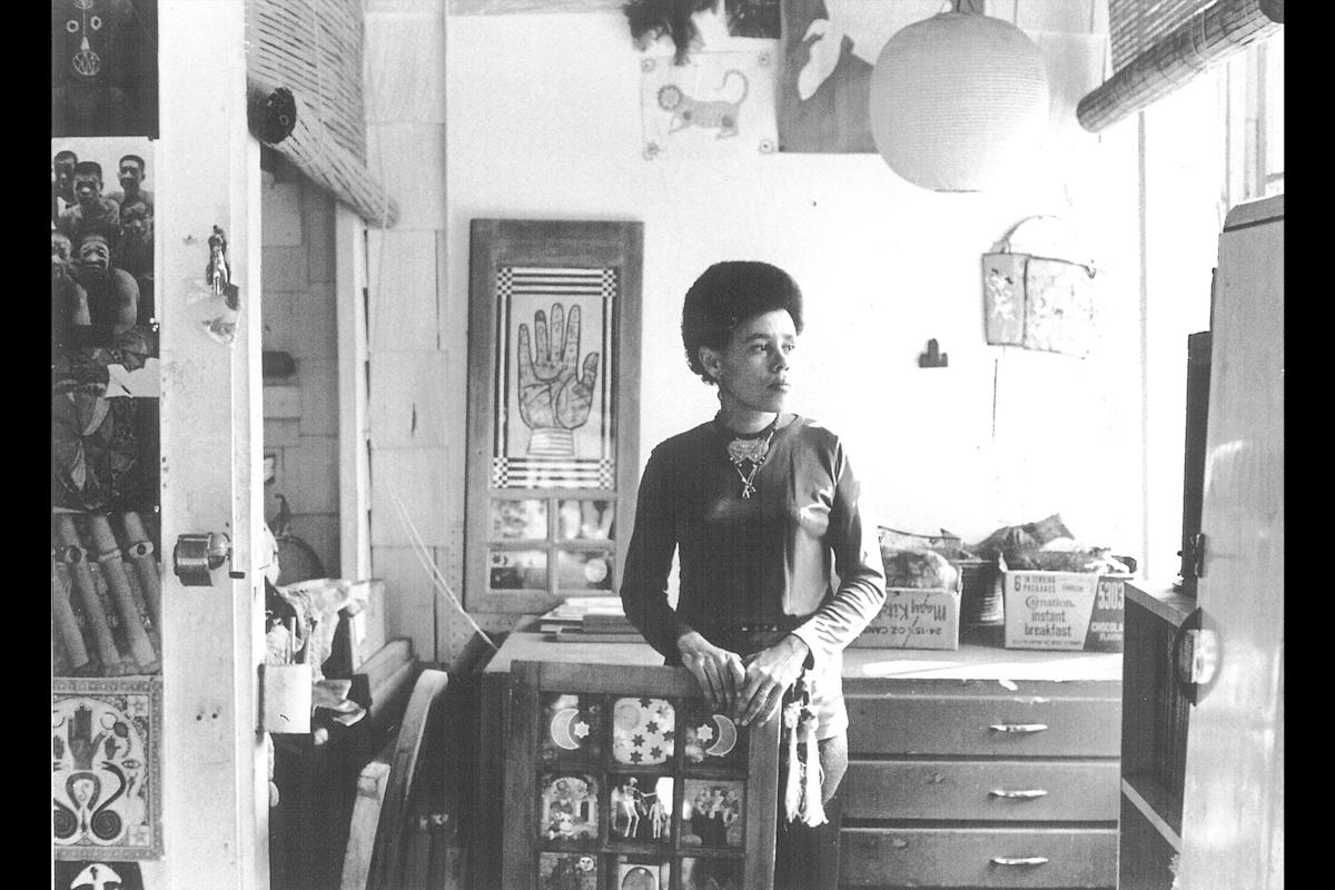 Beyte Saar holding Black Girl's Window at her Laurel Canyon Studio, LA, 1970. Courtesy, the artist and Robert Projects, Los Angeles