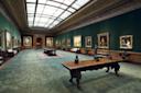 An elegant art gallery room with green walls, classic paintings in ornate frames, wood tables with small sculptures, a green carpet, and a vaulted glass ceiling letting in natural light.