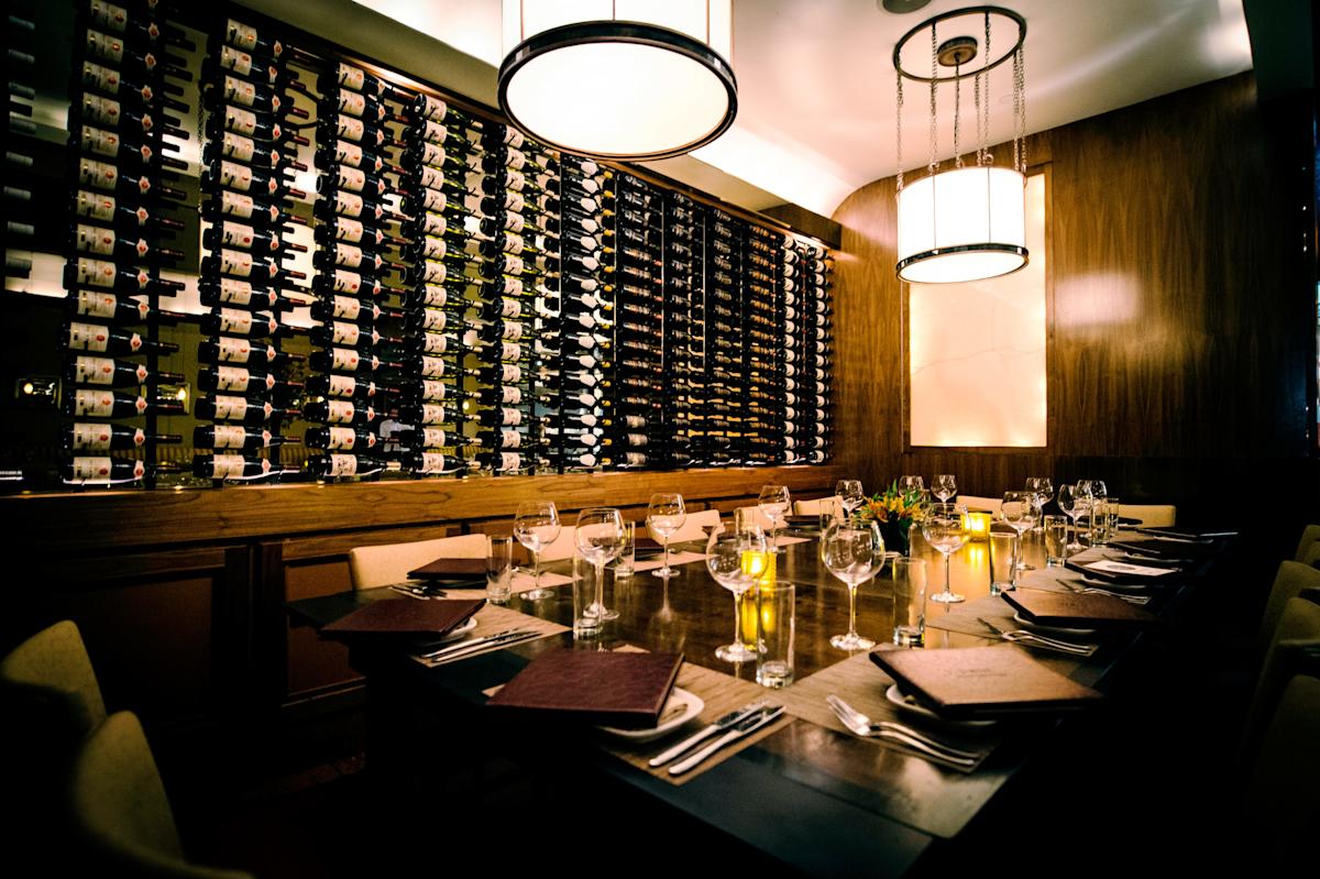 wine alcove in the dining room at Pera Mediterranean Brasserie