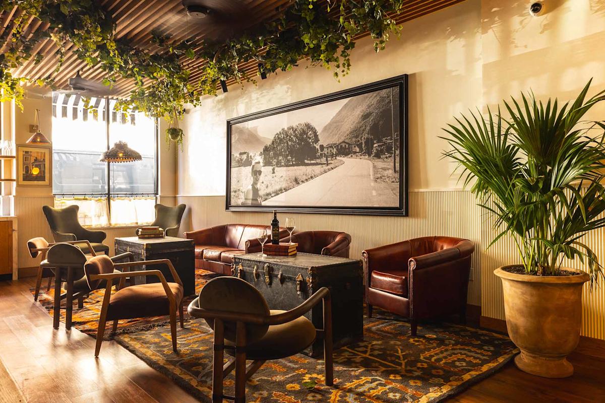 A cozy lounge with leather chairs, a sofa, a large trunk as a coffee table, potted plants, hanging greenery, and a framed black-and-white landscape photo on the wall, with warm sunlight streaming through the window.