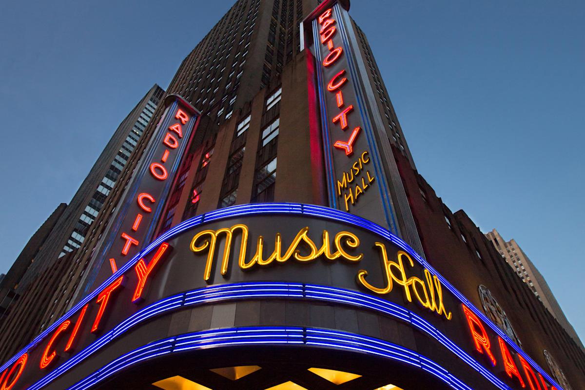 Marquee of Radio City Music Hall at night