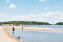 People enjoy a sunny day at a beach with a sandy shore, some playing near the water and others gathered in the distance; trees and cloudy blue sky are in the background.