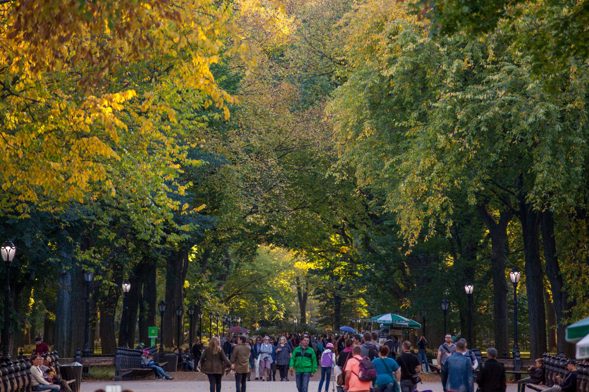 People walking in Central Park mall in the fall , Manhattan, NYC