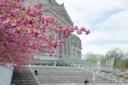 Exterior of Brooklyn Museum with spring foliage