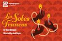 Illustrated poster for "Los Soles Truncos" by René Marqués, directed by José Zayas. Features raised hands holding lit candles, with a patterned red background of fans and a Repertorio Español logo.