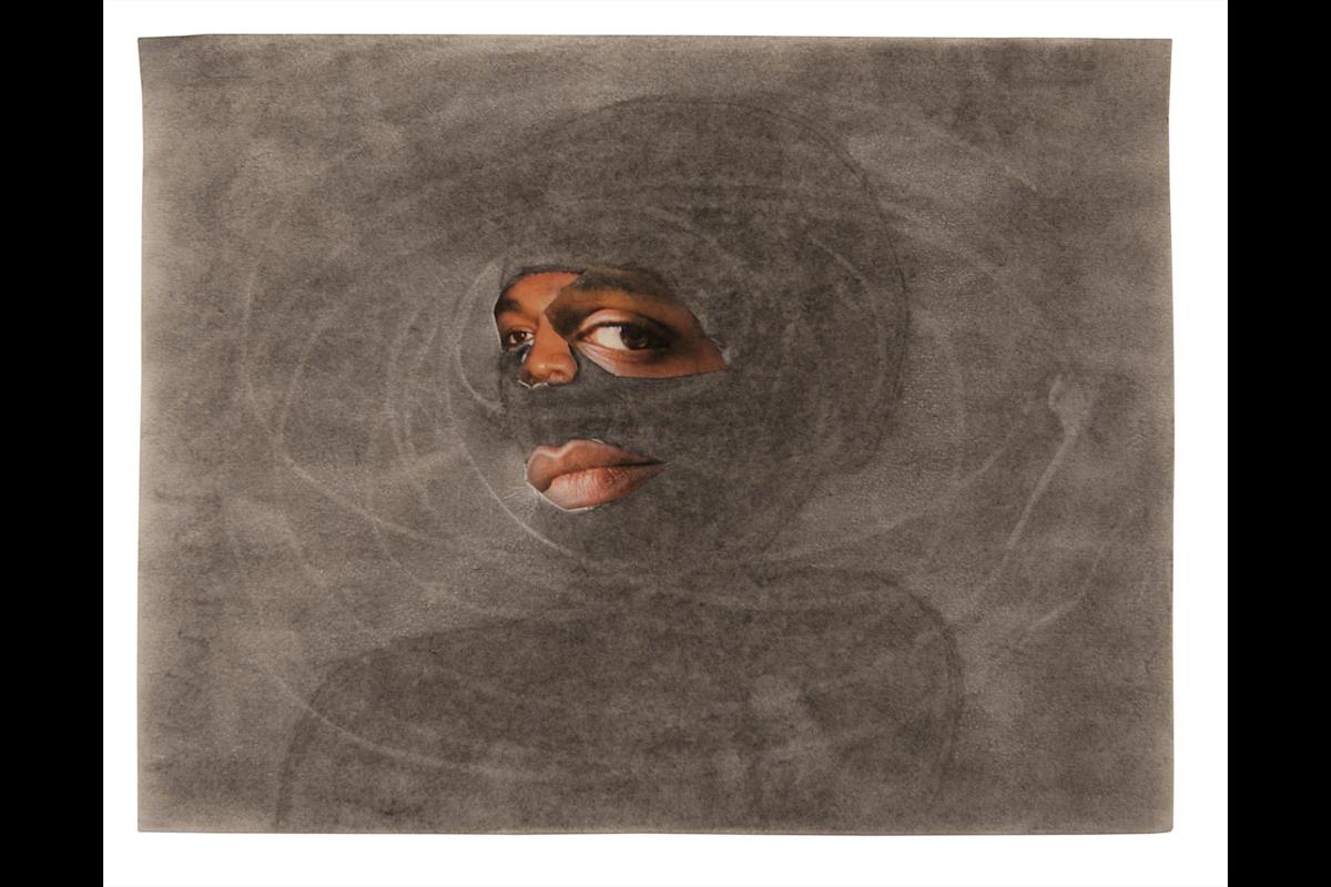 Tameca Cole, Locked in a Dark Calm, 2016. Collage and graphite on paper. 8 1/2 x 11 in. Collection Ellen Driscoll