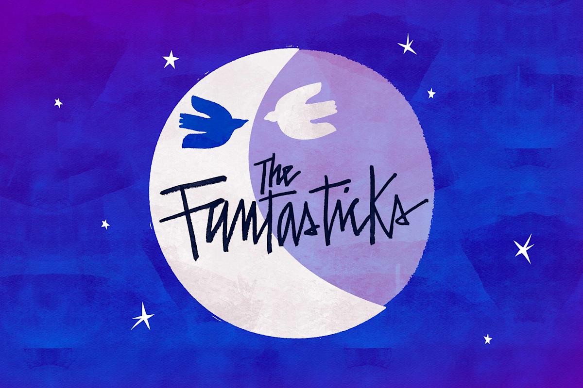 A blue and purple image features a white crescent moon with two flying birds and the text “The Fantasticks” in a handwritten style. Small white stars are scattered across the background.