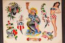 A collection of traditional American tattoos featuring an eagle, a woman in a patriotic outfit, a Statue of Liberty-inspired figure, two knives with banners, a skull with "Death Before Dishonor," and a handshake with "Liberty.