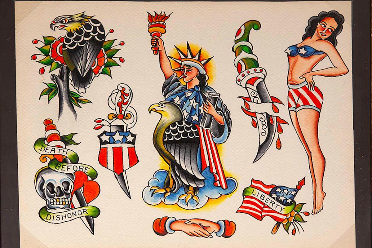 A collection of traditional American tattoos featuring an eagle, a woman in a patriotic outfit, a Statue of Liberty-inspired figure, two knives with banners, a skull with "Death Before Dishonor," and a handshake with "Liberty.