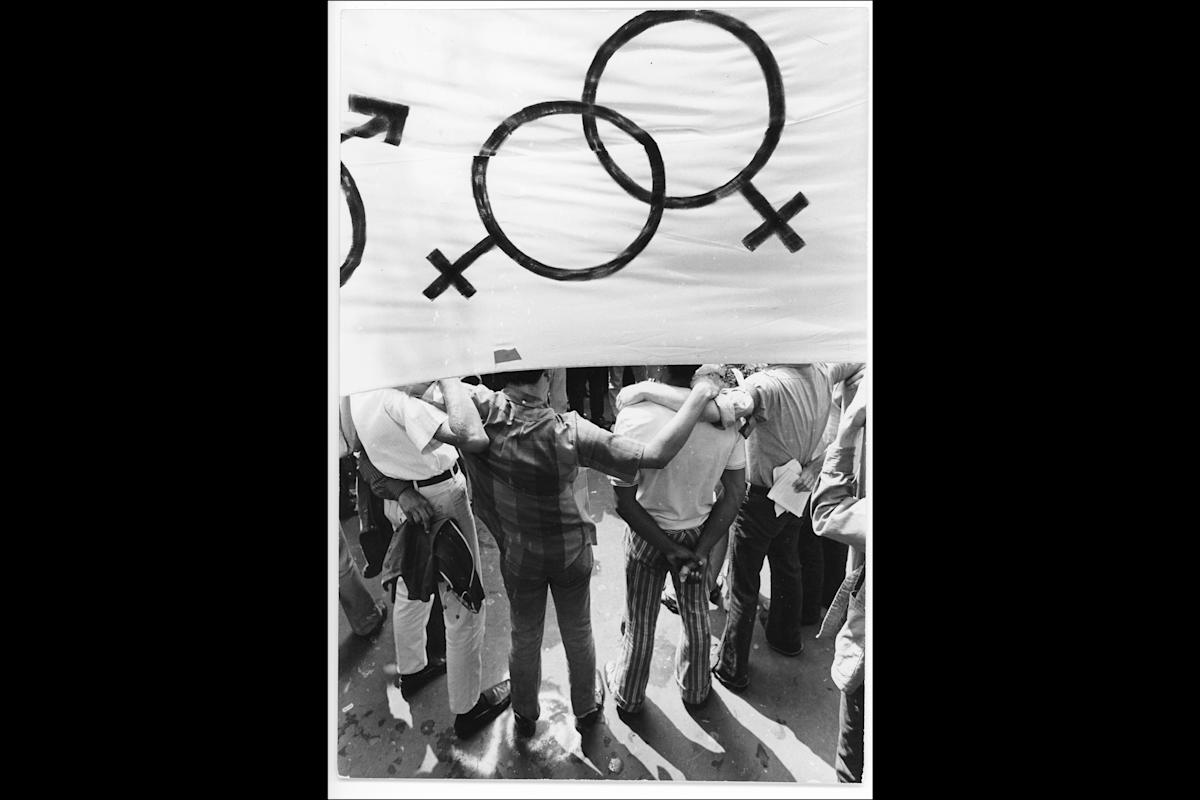 Fred W. McDarrah, "First Gay Pride March," July 27, 1969. &copy; Estate of Fred W. McDarrah. All Rights Reserved.