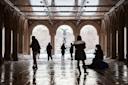 view of Bethesda Fountain from underpass during a snowy day at Central Park