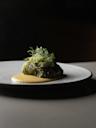 A gourmet dish featuring a leafy green wrap filled with a mixture, topped with fresh herbs and flowers, sits on a light gray plate with a creamy sauce beneath, against a dark, minimal background.