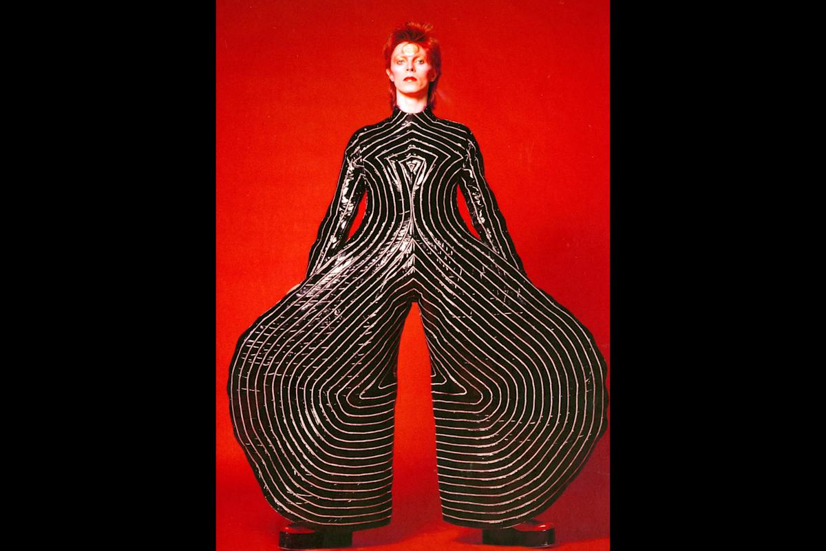 Striped bodysuit for the Aladdin Sane tour, 1973. Design by Kansai Yamamoto. Photograph by Masayoshi Sukita. &copy; Sukita/The David Bowie Archive