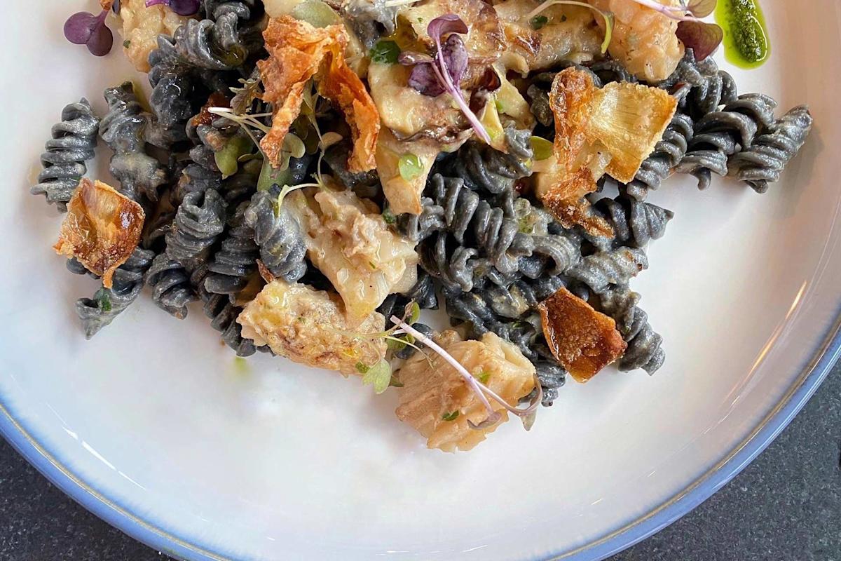 A close-up of a plate of dark-colored spiral pasta, topped with crispy golden pieces, microgreens, and a creamy sauce, served on a white dish with a blue rim.